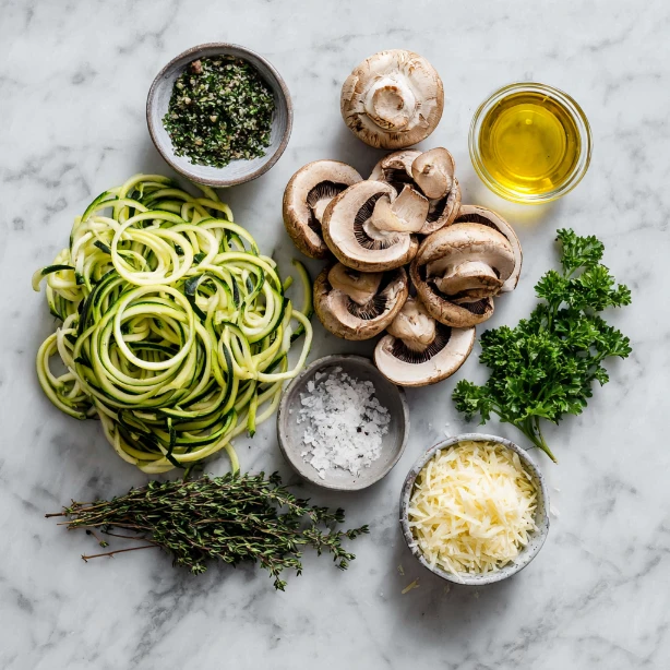 Fresh ingredients for mushroom zucchini noodles including zucchini, mushrooms, and herbs on a wooden table