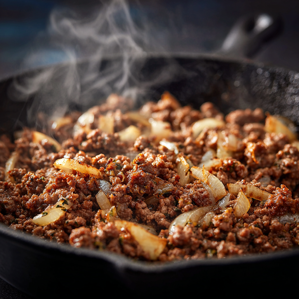 Browning ground beef and onion in a skillet for green bean casserole
