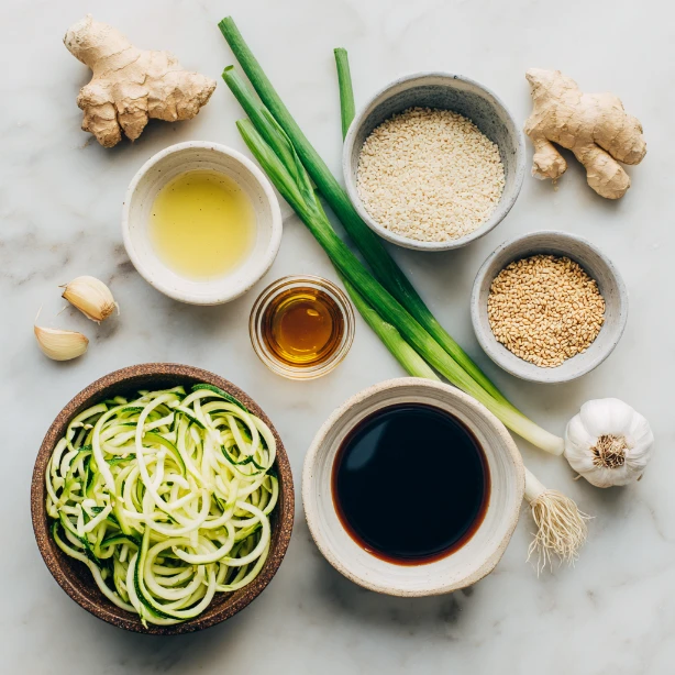 Fresh ingredients for Asian sesame zucchini noodles laid out on a kitchen counter