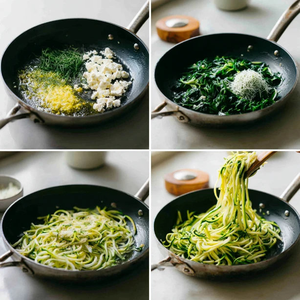 Heating olive oil in a skillet for cooking spinach feta zoodles