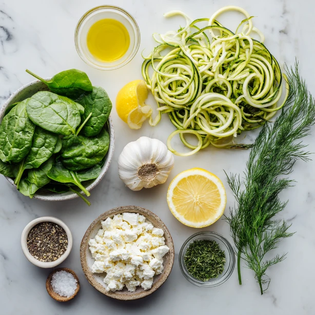 Fresh ingredients for spinach feta zoodles arranged on a rustic kitchen table