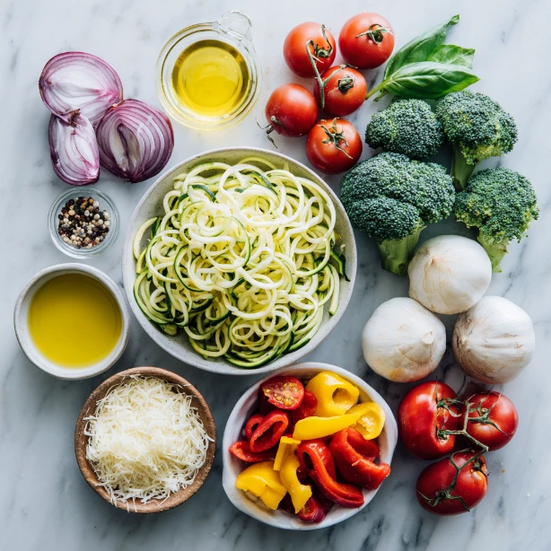 Fresh ingredients for zucchini noodle primavera arranged on a rustic kitchen counter