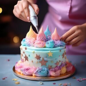 A baker piping colorful buttercream swirls onto a cake