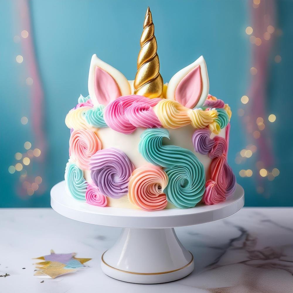 A beautifully decorated unicorn cake with a golden horn and pastel buttercream mane