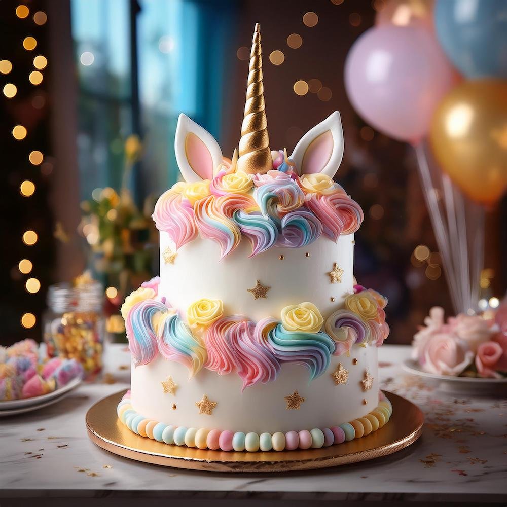 A beautifully decorated unicorn cake with colorful buttercream mane and a golden horn.