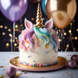 A finished unicorn cake with pastel mane and glitter details