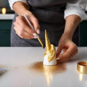 A fondant unicorn horn being painted gold