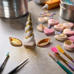 A fondant unicorn horn being painted with gold luster dust