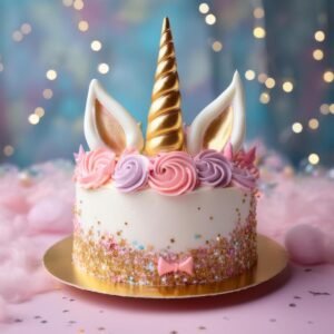 A close-up of a golden fondant horn and ears on a Unicorn Cake