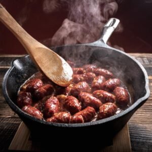 Pan-frying beef chorizo in a skillet