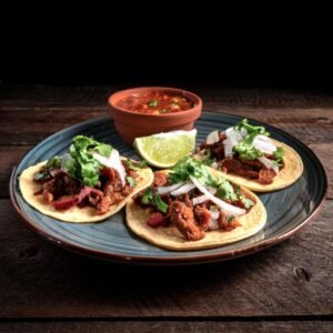 Beef chorizo tacos with fresh toppings