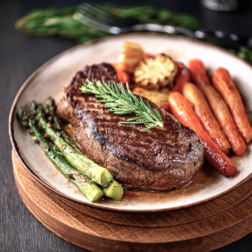 A perfectly cooked chuck eye steak served with grilled vegetables