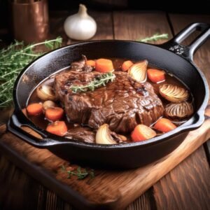 Chuck eye steak being braised in a skillet