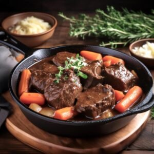 Chuck steak simmering in a skillet with vegetables