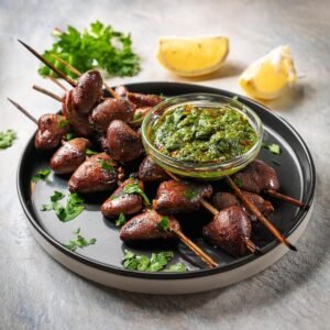 Grilled chicken heart skewers served with chimichurri sauce on a white plate