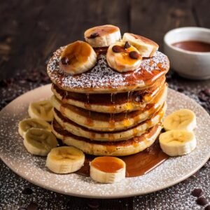 Sweet cream pancakes with chocolate chips and banana slices