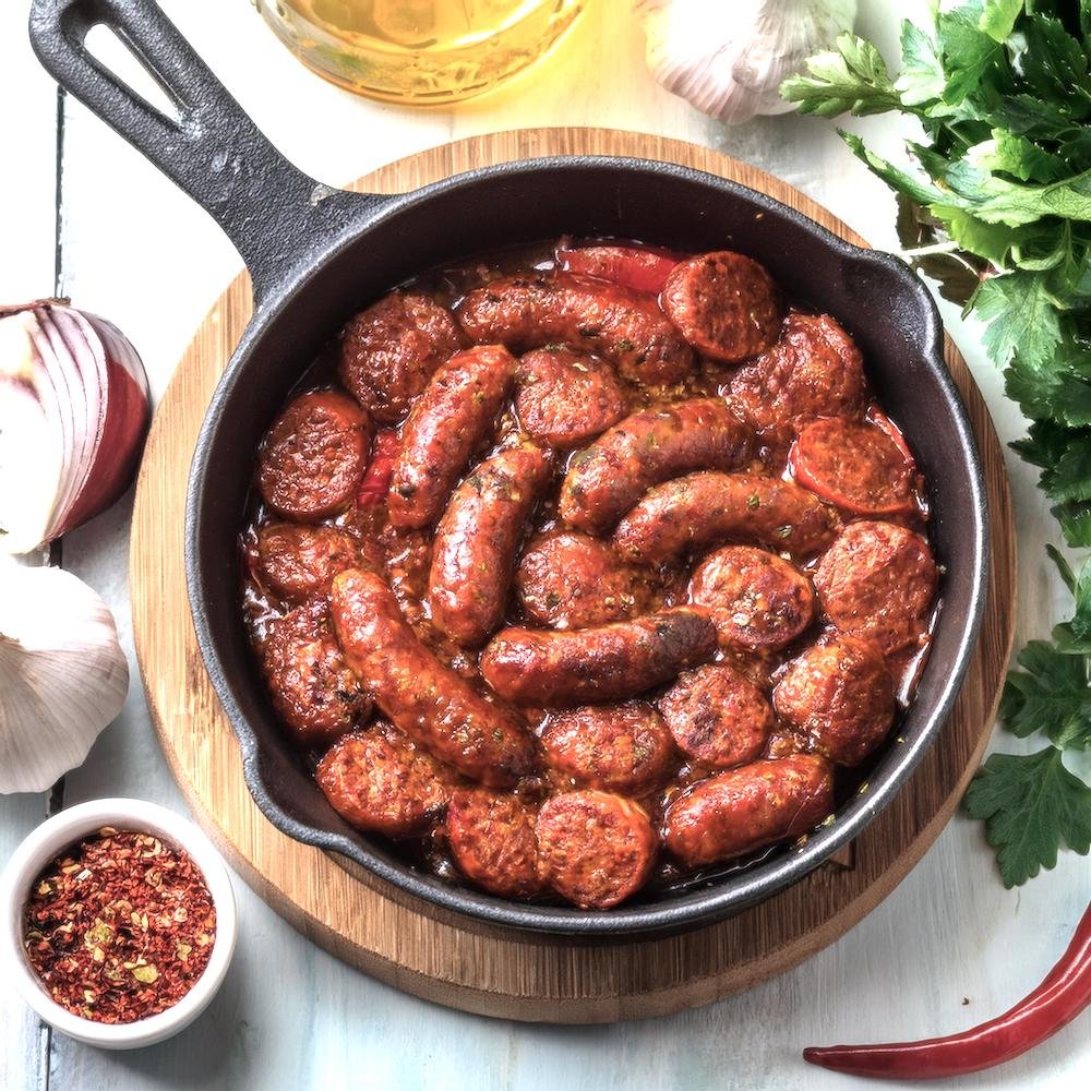 Beef chorizo cooked in a skillet