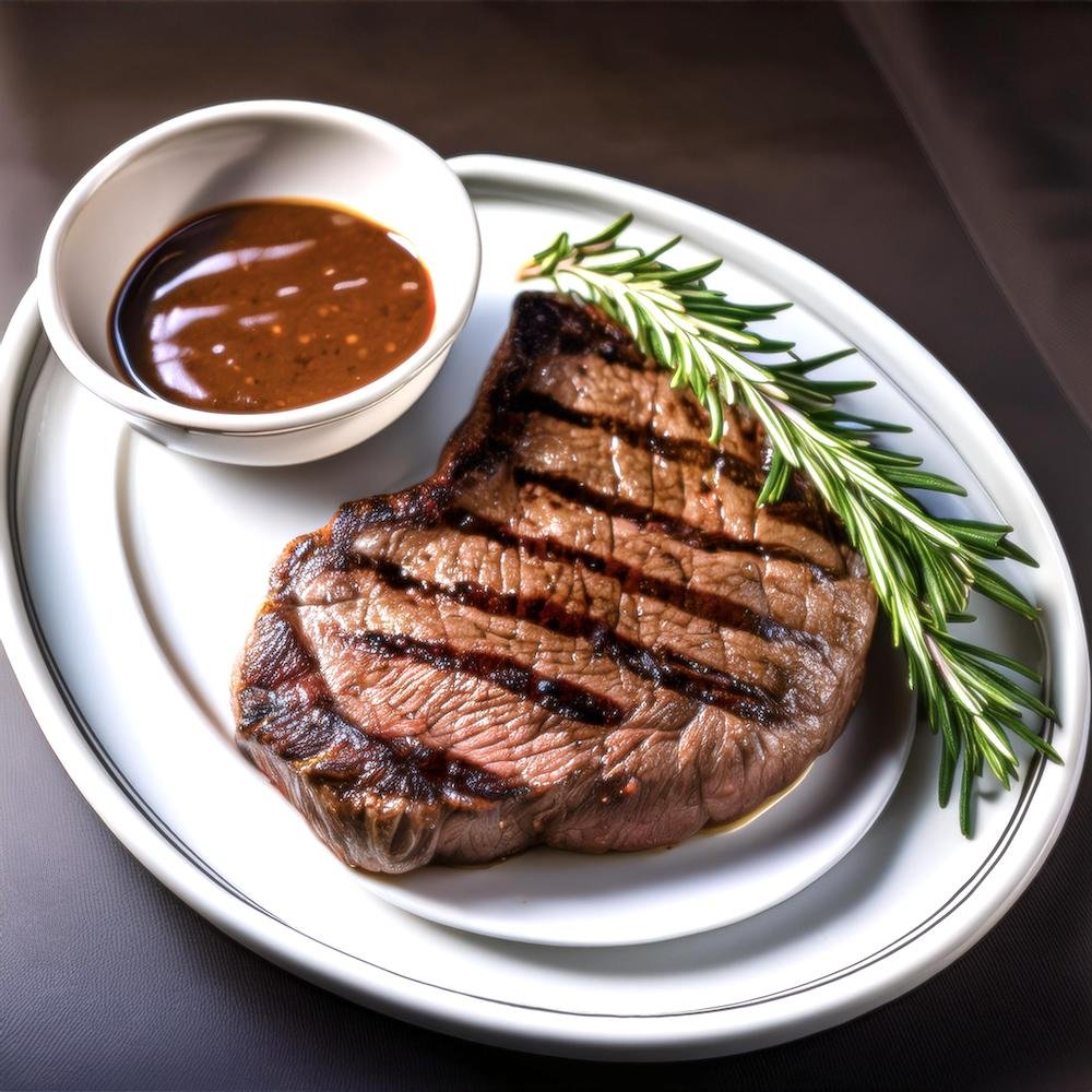 A perfectly grilled chuck eye steak served on a plate with garnish