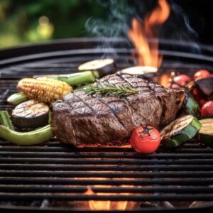 Chuck steak on a grill with flames