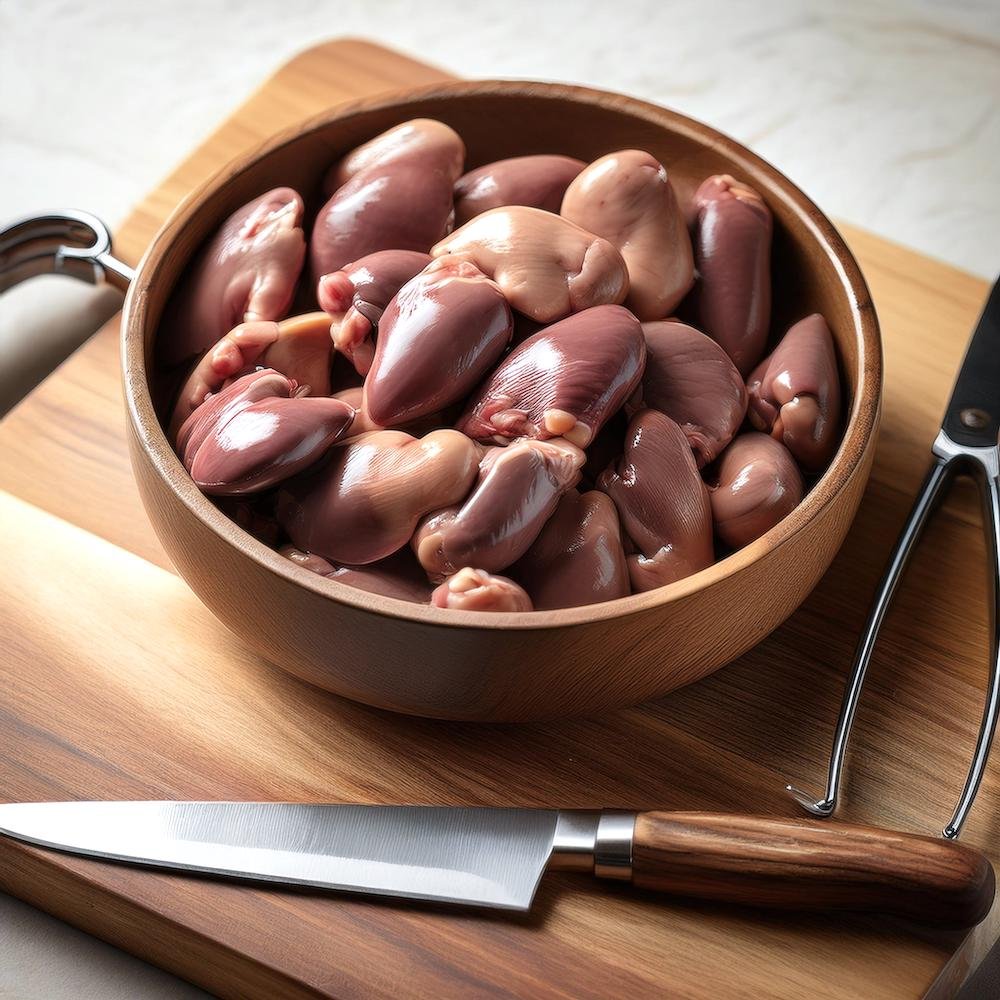 A bowl of cleaned chicken hearts on a wooden cutting board with kitchen scissors