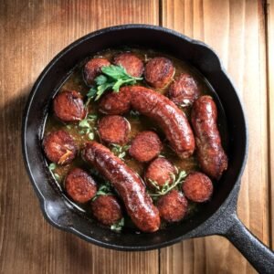 Drained beef chorizo in a skillet