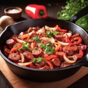 Beef chorizo cooking in a skillet with vegetables