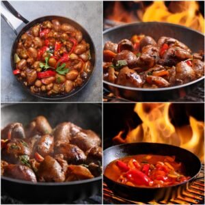 A collage of chicken hearts being grilled, stir-fried, and braised