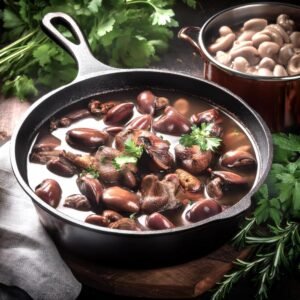 A skillet with chicken hearts being sautéed and a pot with gizzards braising in broth