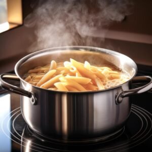 A pot of boiling water with pasta being stirred to cook evenly