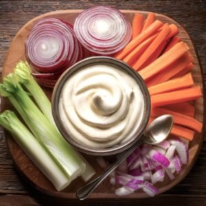 A bowl of mayonnaise-based dressing next to diced vegetables like celery, onions, and carrots