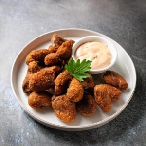 Crispy fried chicken hearts served with a dipping sauce, arranged on a white platter