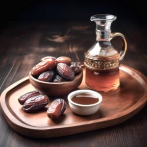 A variety of date palm products, including fresh dates, syrup, and paste