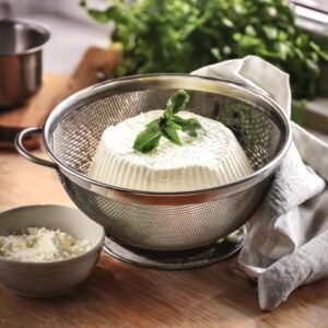 Draining ricotta cheese in a colander