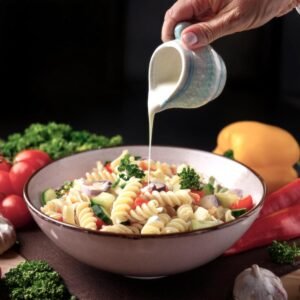 A bowl of cooled pasta being drizzled with a vinaigrette dressing