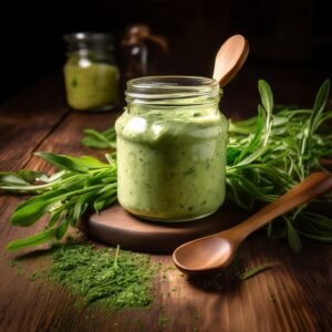 A jar of tarragon dressing with fresh salad greens beside it-grantrecipes