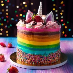 A sliced Unicorn Cake revealing multiple layers of different flavors and colors