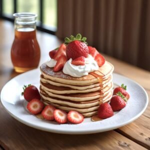 A homemade stack of fluffy pancakes topped with syrup and fresh fruit