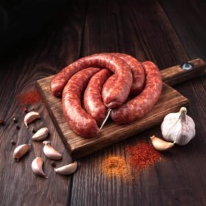 Raw beef chorizo on a cutting board