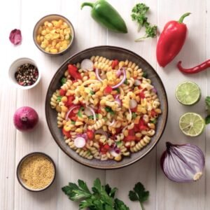 Ingredients for Mexican macaroni salad laid out