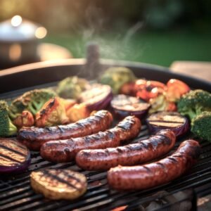 Grilled chorizo sausages on a BBQ