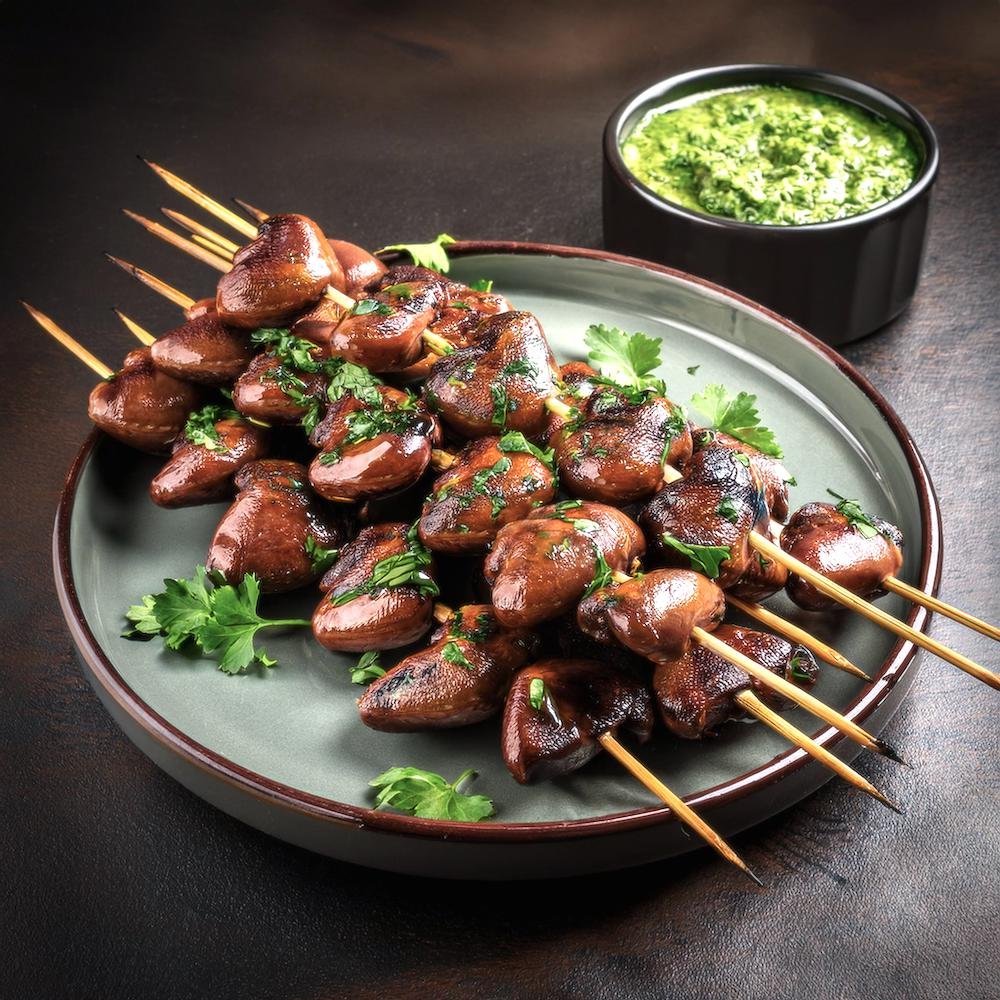 Grilled chicken heart taste on skewers served with a side of dipping sauce