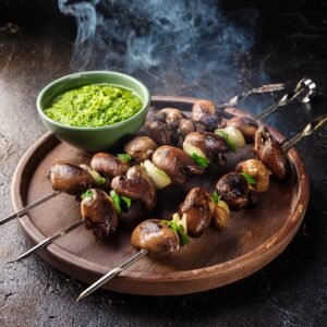 Chicken hearts grilling on skewers over an open flame