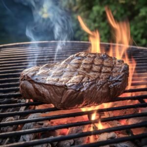 Chuck eye steak on a grill with visible grill marks.