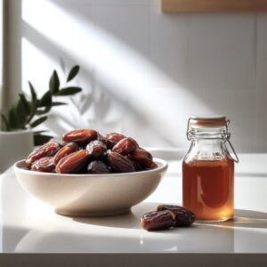 A bowl of fresh dates next to a glass of date syrup