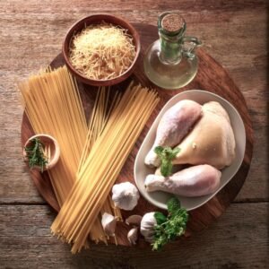 Key ingredients for garlic parmesan chicken pasta