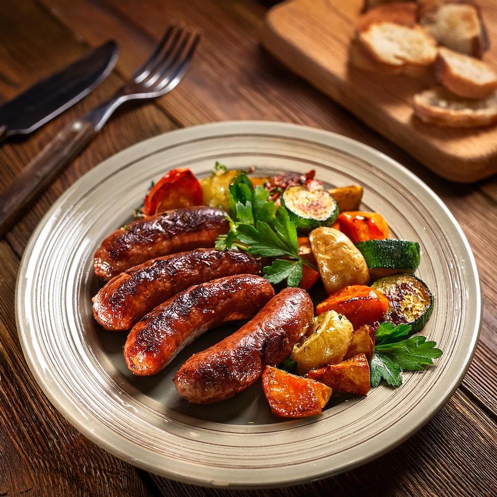 Cooked beef chorizo served with vegetables