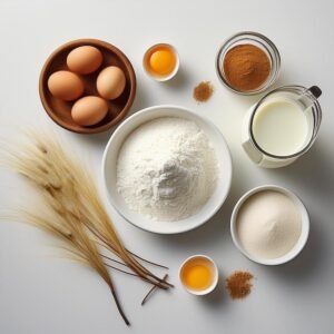 Baking powder, buttermilk, eggs, and vanilla arranged on a countertop