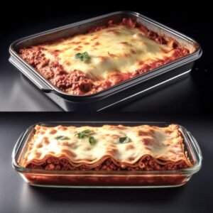 Side-by-side comparison of unbaked lasagna and baked lasagna al forno