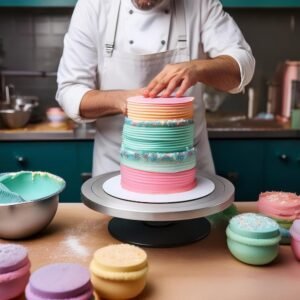 A baker assembling cake layers with frosting on a turntable