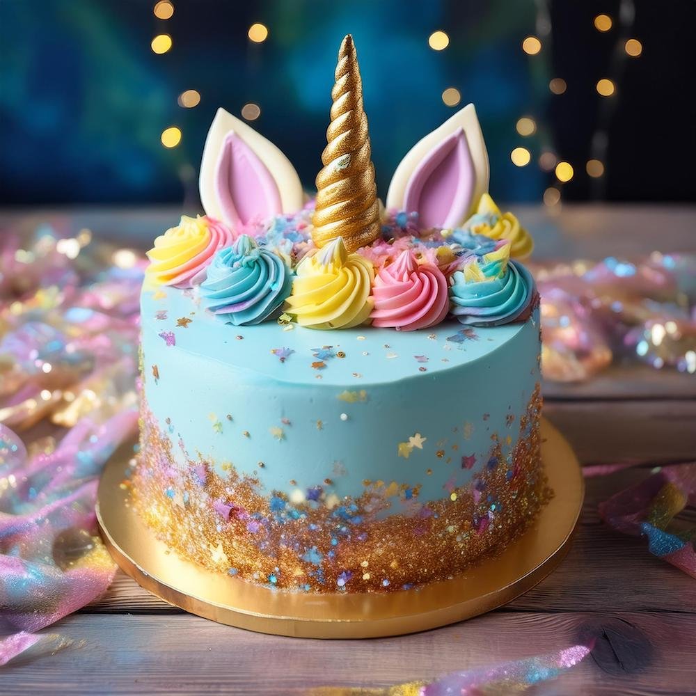 A beautifully decorated Unicorn Cake with a golden horn, colorful mane, and pastel frosting